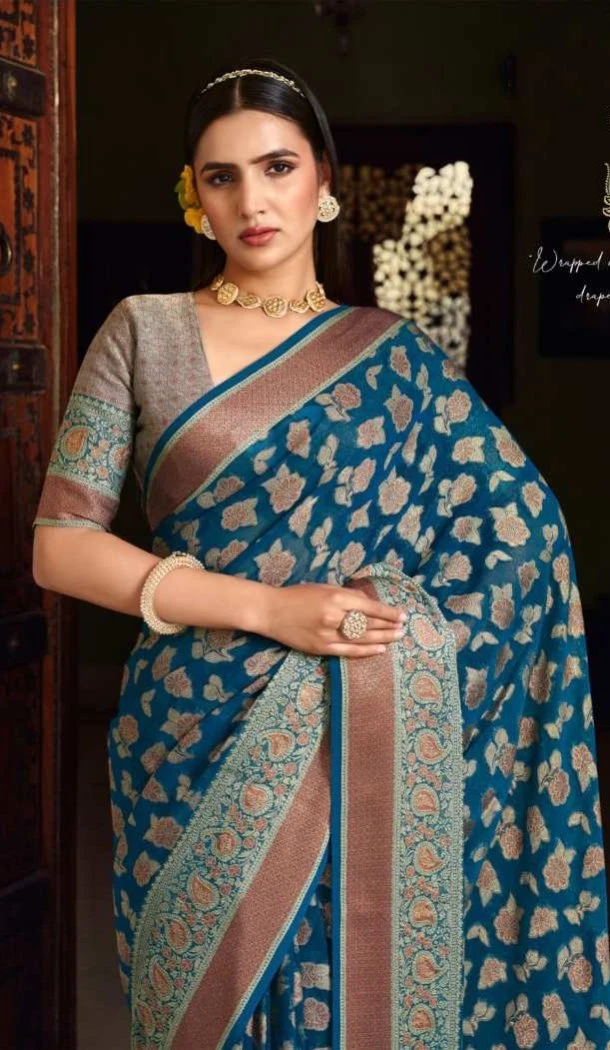 Women Saree Teal Jacquard Work Georgette - 12523208095
