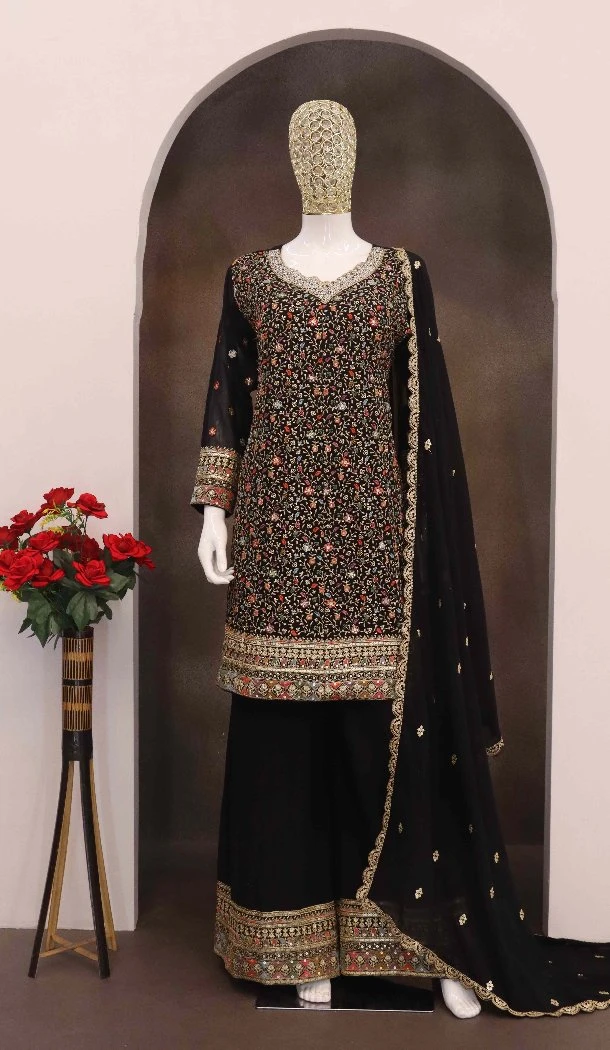 Women Faux Georgette Party Wear Salwar Suit Black Embroidery Work - 12601208476