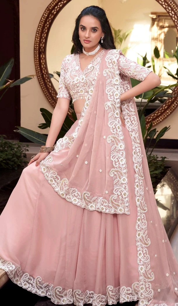 Women Baby Pink Embroidery Work Party Lehenga Choli Weone Silk - 12657208736