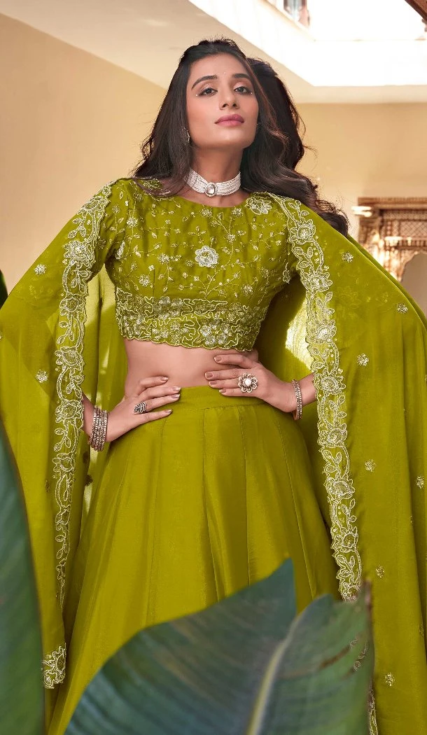 Women Parrot Star Georgette Embroidery Work Party Lehenga Choli - 12657208738