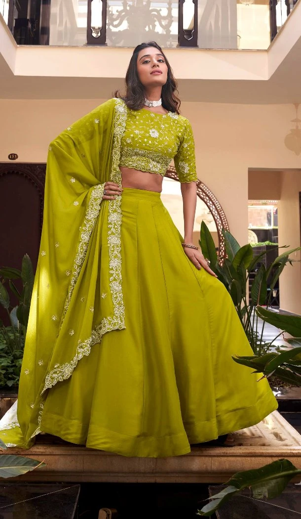 Women Parrot Star Georgette Embroidery Work Party Lehenga Choli - 12657208738