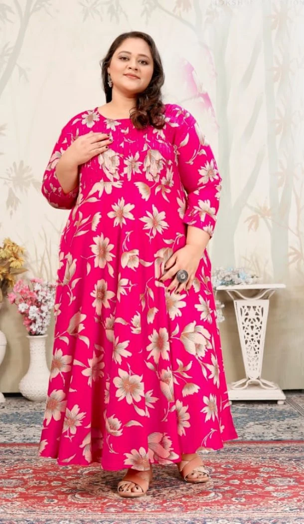 Women Heavy Digital Printed Gown Rani Pink Premium Rayon - 12664208765