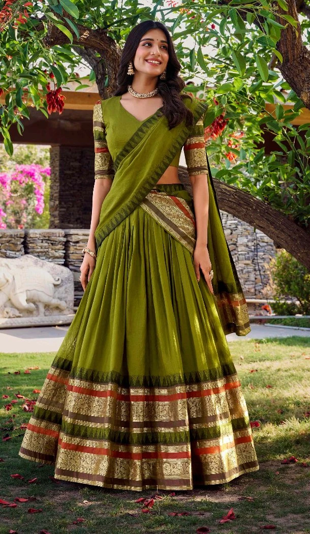 Women Pure Chanderi Mehendi Green Party Lehenga Choli Plain With Zari Weaving Work - 12690208869