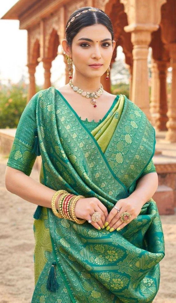 Women Rama Green Traditional Wear Saree Jacquard Work Soft Banarasi Silk - 12628208593