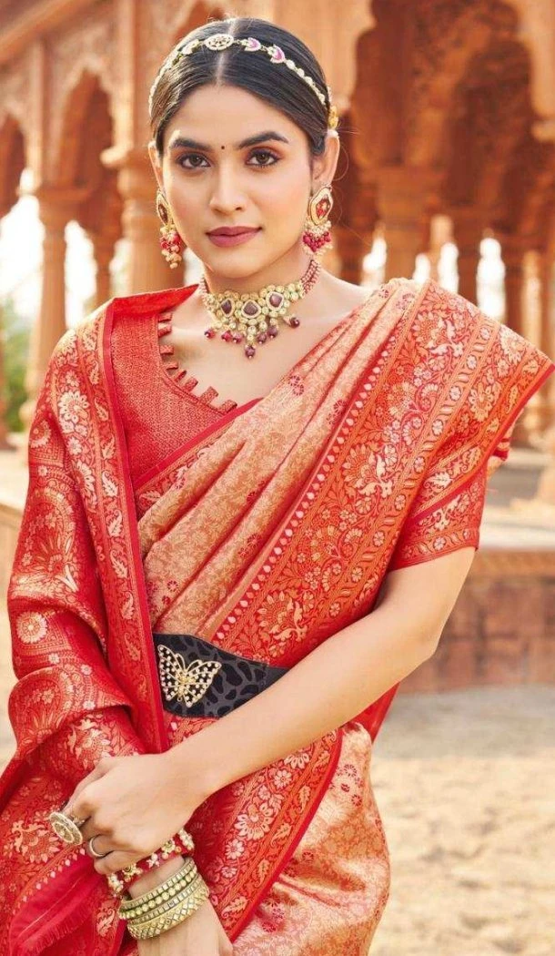 Women Jacquard Work Soft Banarasi Silk Traditional Wear Saree Red - 12628208594