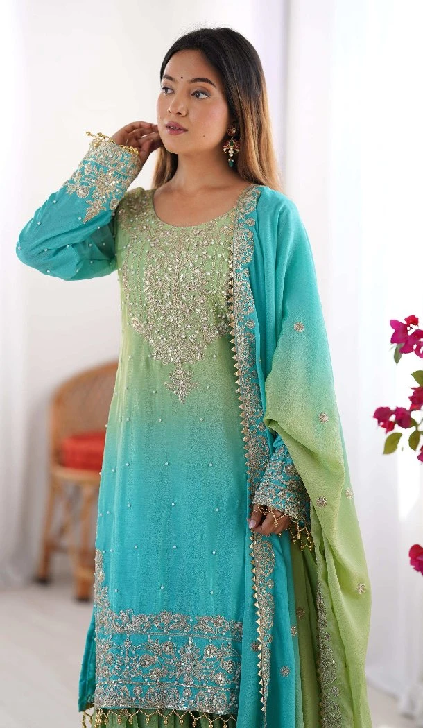 Women Dori With Sequence Chinon Silk Palazzo Suit Multi -  12631208614