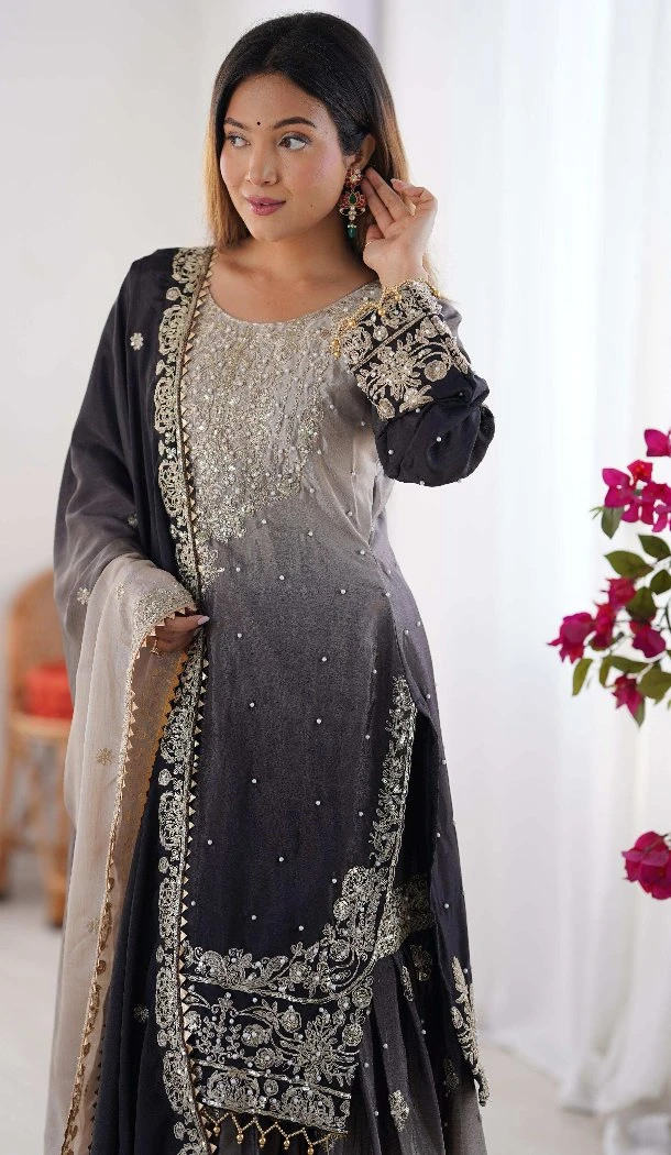 Women Multi Chinon Silk Palazzo Suit Dori With Sequence -  12631208615