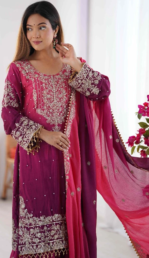Women Chinon Silk Palazzo Suit Multi Dori With Sequence -  12631208618
