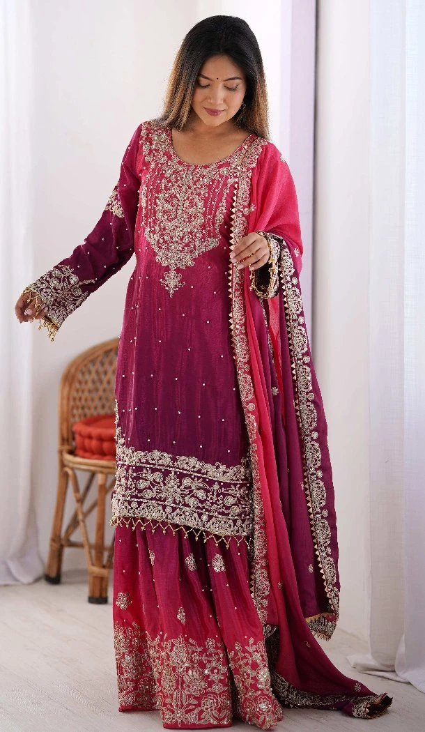 Women Chinon Silk Palazzo Suit Multi Dori With Sequence -  12631208618