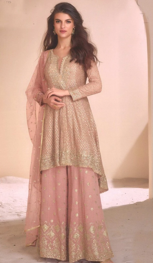 Women Sharara Suit Heavy Fox Georgette Embroidery Work Pink - 12641208659