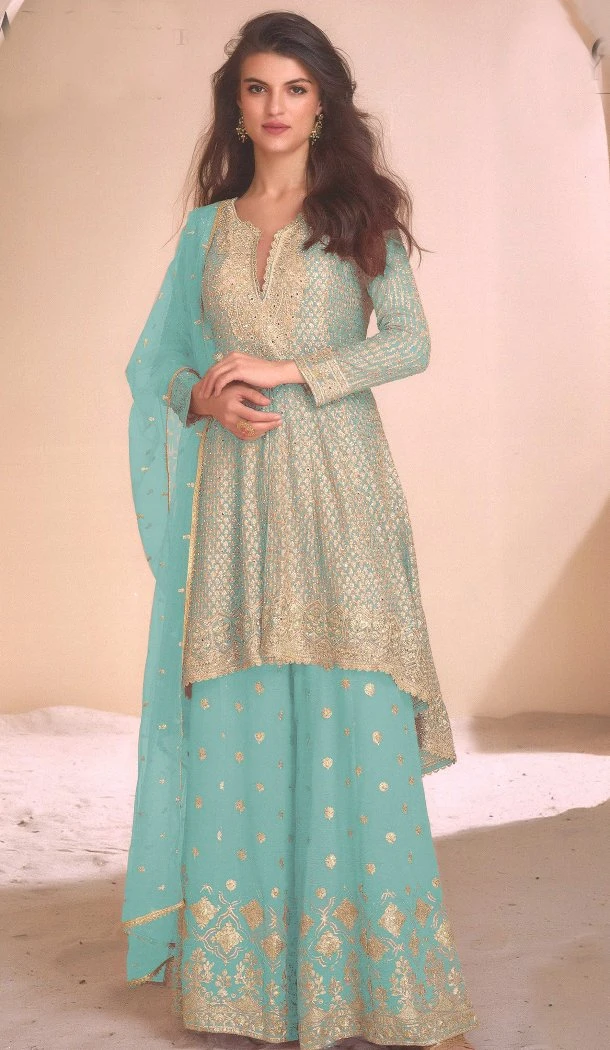 Women Sky Blue Sharara Suit Heavy Fox Georgette Embroidery Work - 12641208662