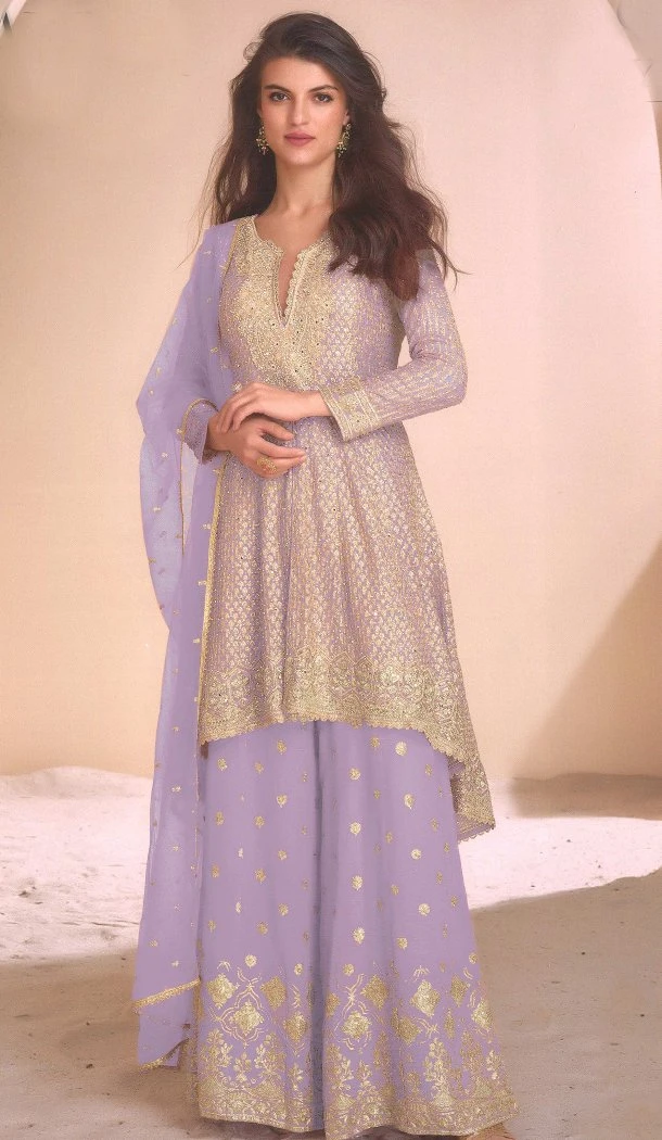 Women Heavy Fox Georgette Light Purple Sharara Suit Embroidery Work - 12641208663