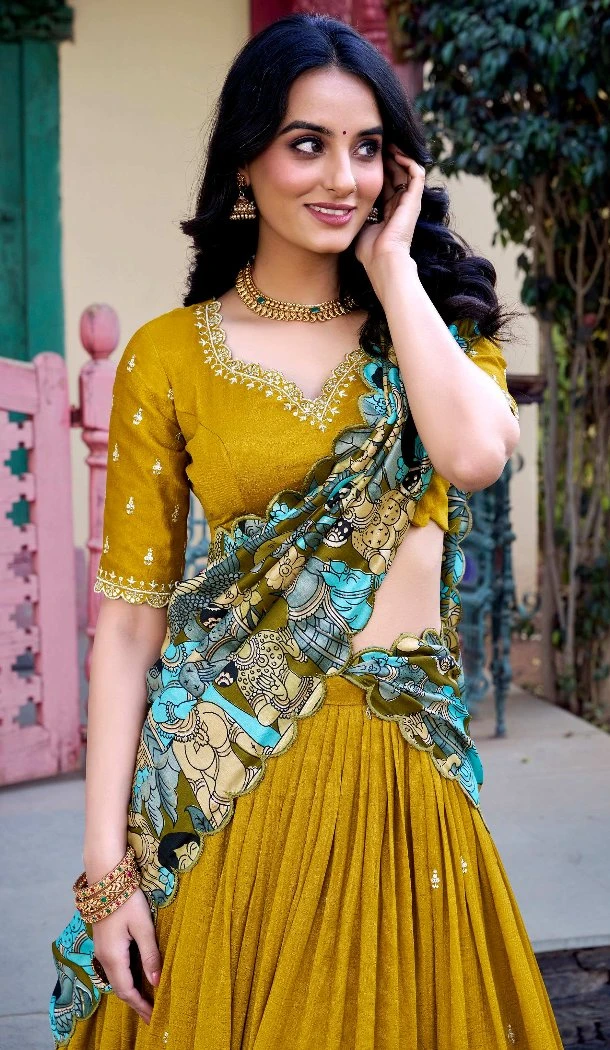 Women Embroidery Work Party Lehenga Choli Vichitra Silk Mustard - 12732209092