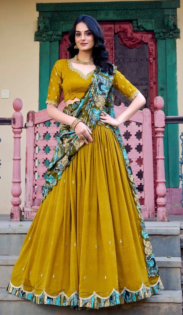 Women Embroidery Work Party Lehenga Choli Vichitra Silk Mustard - 12732209092