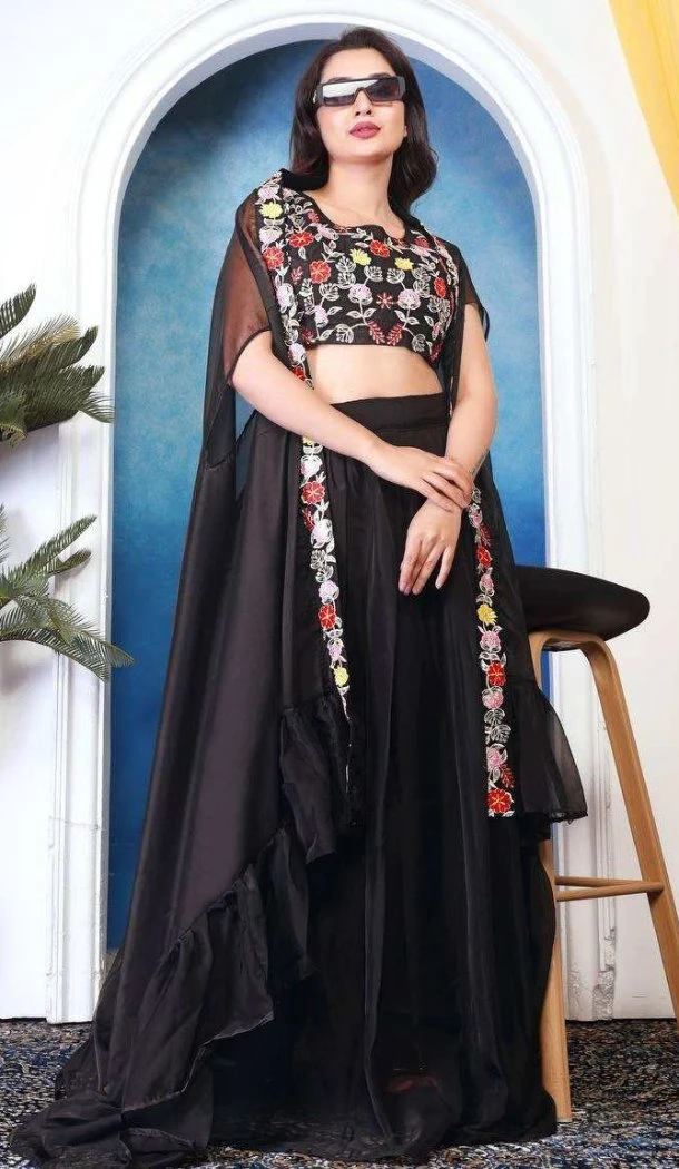 Women Black Party Lehenga Choli Teby Silk Embroidery - 12785209340