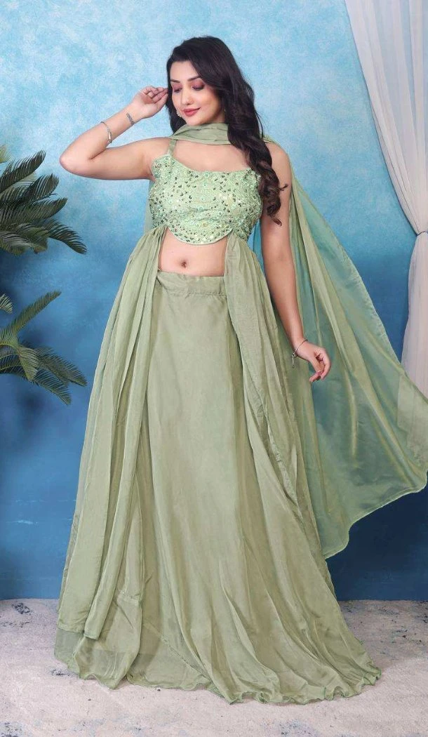 Women Embroidery Party Lehenga Choli Heavy Teby Silk Pista - 12785209341