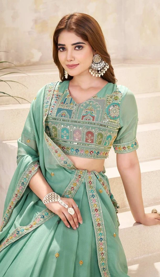Women Embroidery Work Designer Lehenga Choli Sea Green Georgette - 12792209370