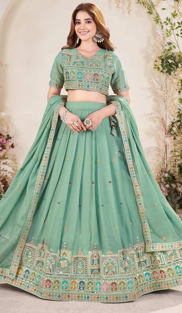 Women Embroidery Work Designer Lehenga Choli Sea Green Georgette - 12792209370