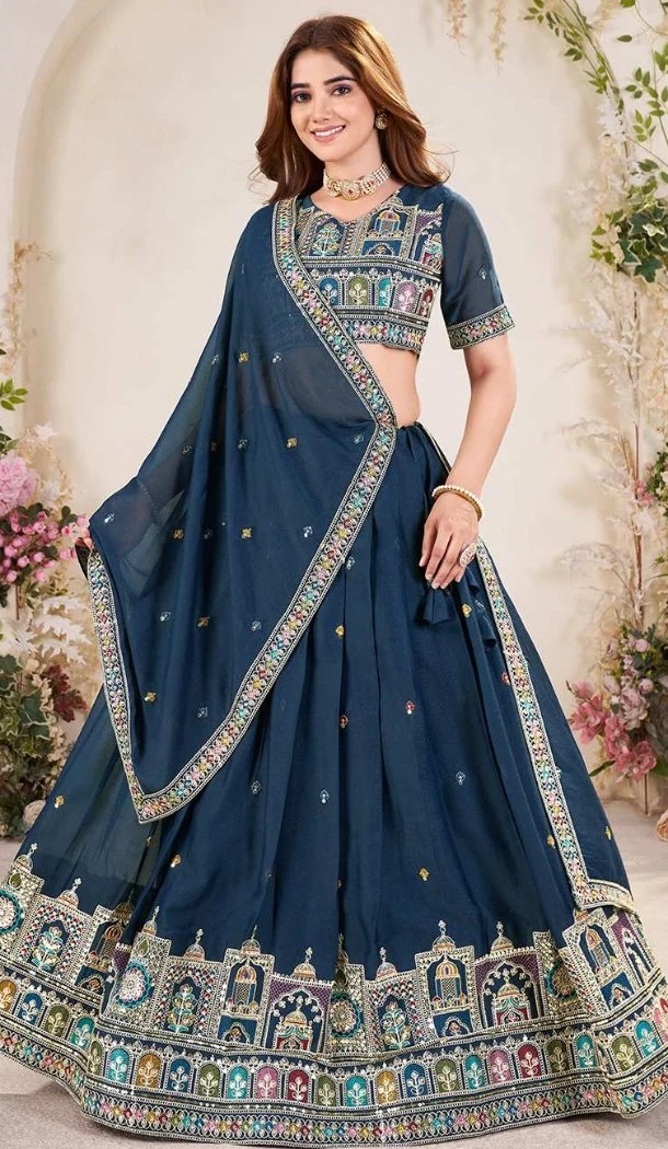Women Embroidery Work Georgette Navy Blue Designer Lehenga Choli - 12792209371