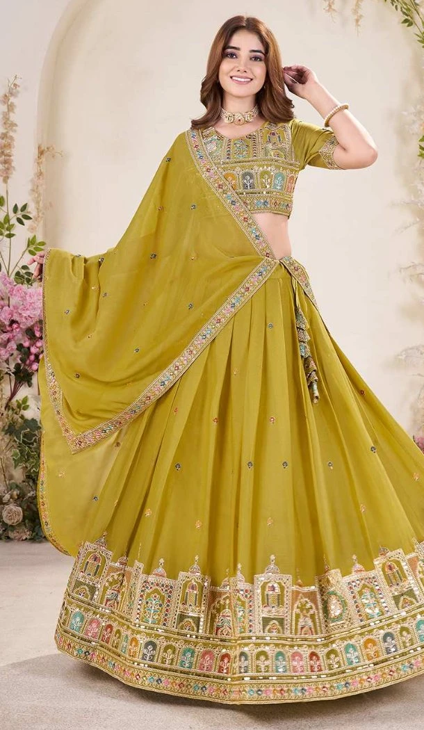 Women Yellow Designer Lehenga Choli Embroidery Work Georgette - 12792209373
