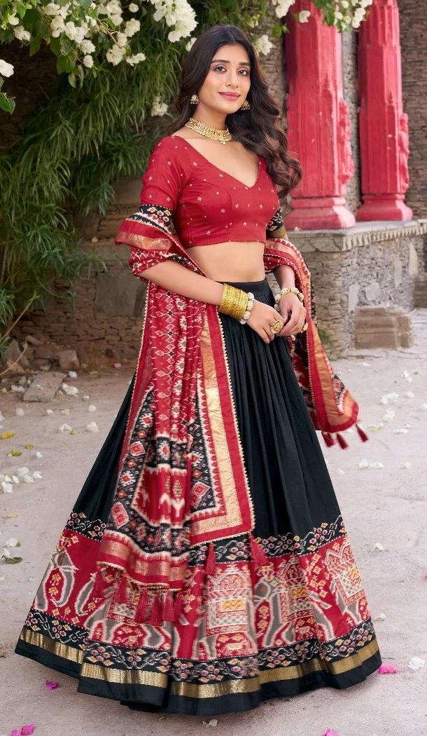 Women Tussar Silk Black Party Wear Lehenga Choli Patola Print With Foil Work - 12793209374