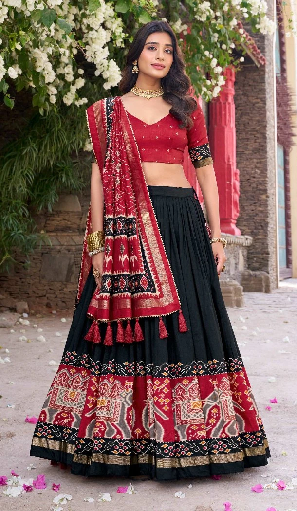 Women Tussar Silk Black Party Wear Lehenga Choli Patola Print With Foil Work - 12793209374