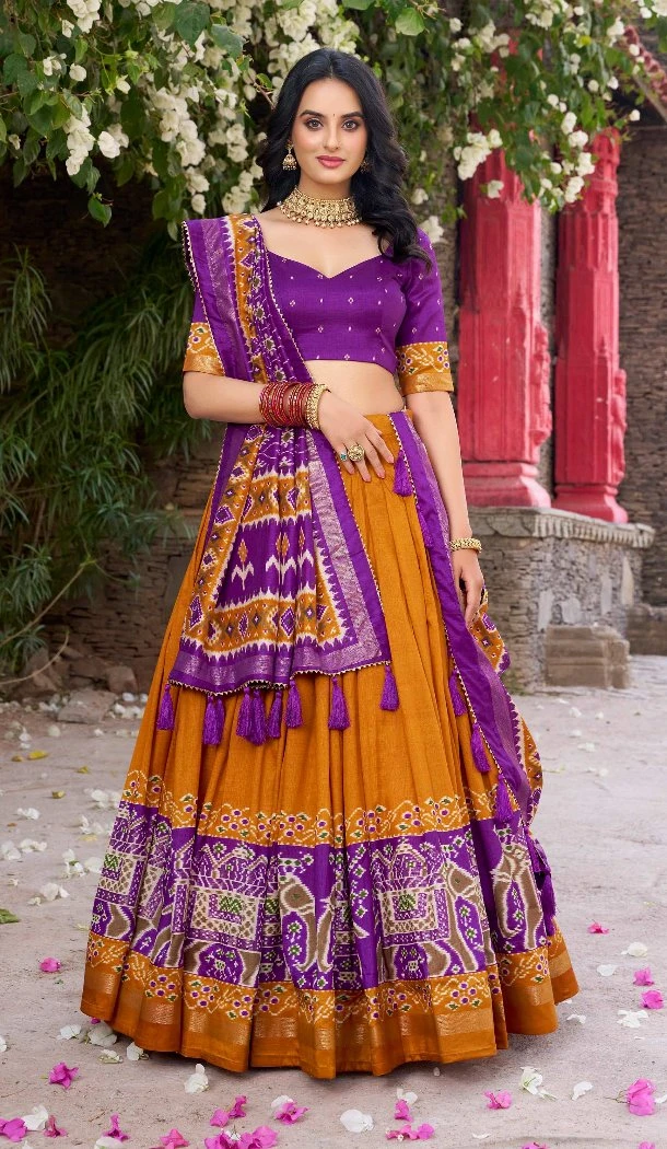 Women Party Wear Lehenga Choli Tussar Silk Mustard Patola Print With Foil Work - 12793209376