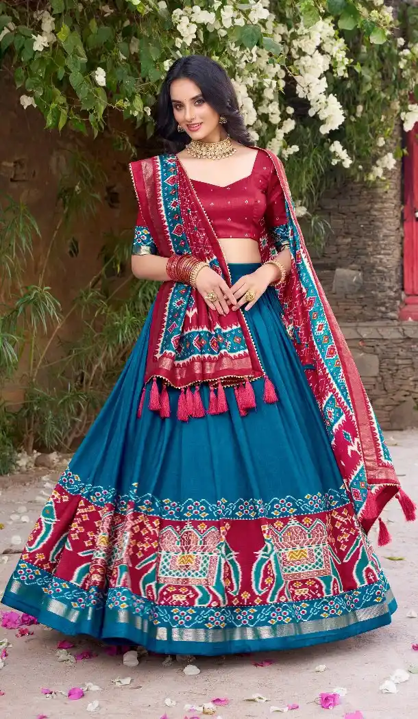 Women Teal Blue Party Wear Lehenga Choli Patola Print With Foil Work Tussar Silk - 12793209377