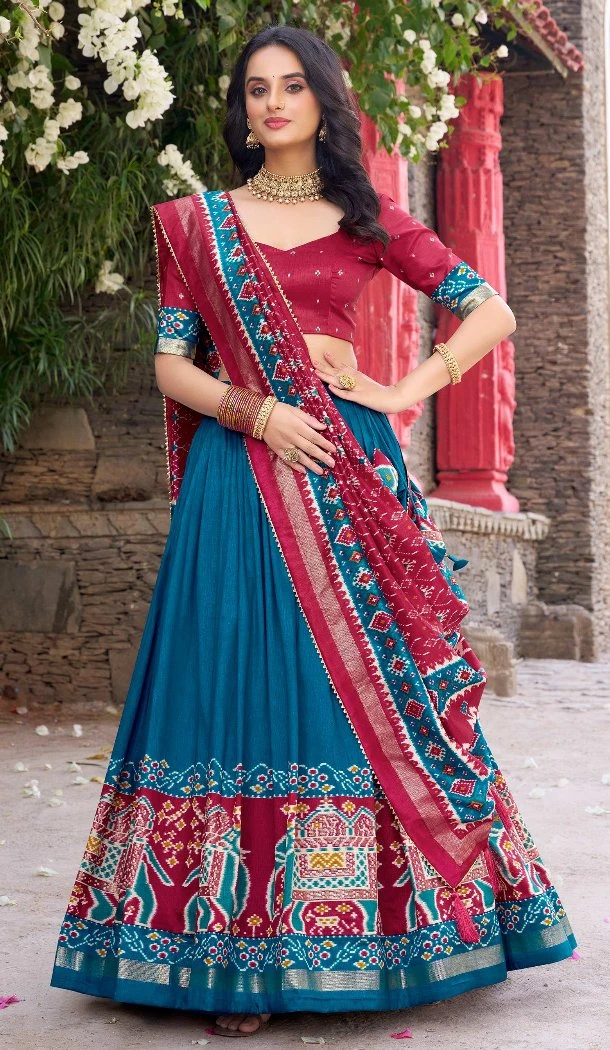 Women Teal Blue Party Wear Lehenga Choli Patola Print With Foil Work Tussar Silk - 12793209377