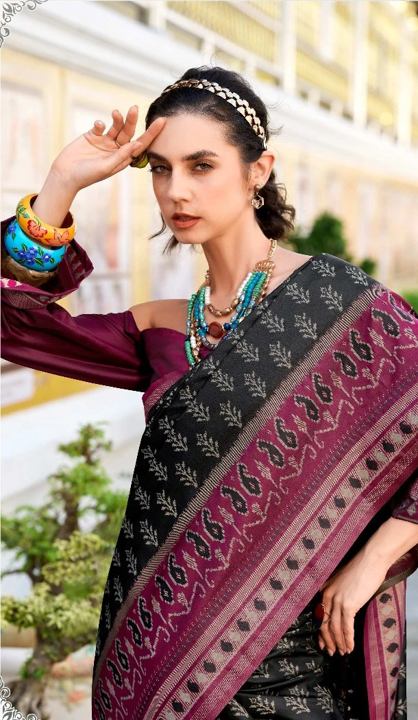 Women Soft Silk Traditional Wear Saree Black Jacquard Work - 12796209399