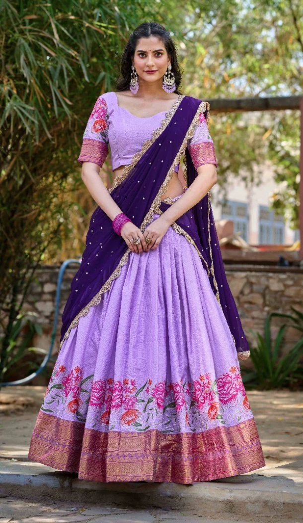 Women Cotton Silk Lavender Thread Embroidery Work Traditional Wear Lehenga Choli - 12834209599
