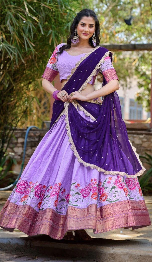 Women Cotton Silk Lavender Thread Embroidery Work Traditional Wear Lehenga Choli - 12834209599