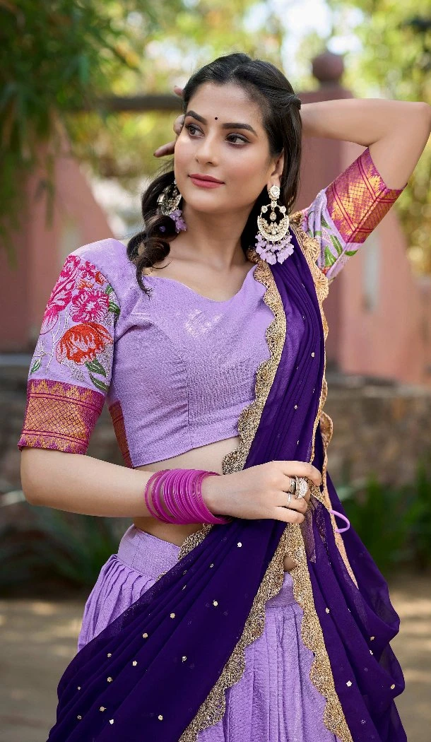 Women Cotton Silk Lavender Thread Embroidery Work Traditional Wear Lehenga Choli - 12834209599