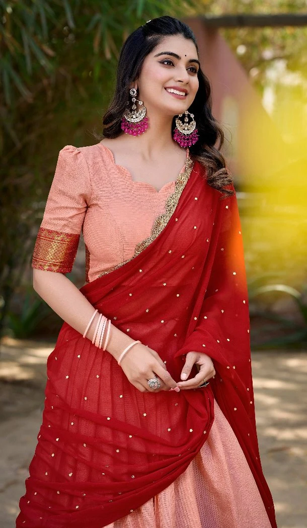 Women Cotton Silk Traditional Wear Lehenga Choli Peach Thread Embroidery Work - 12834209600