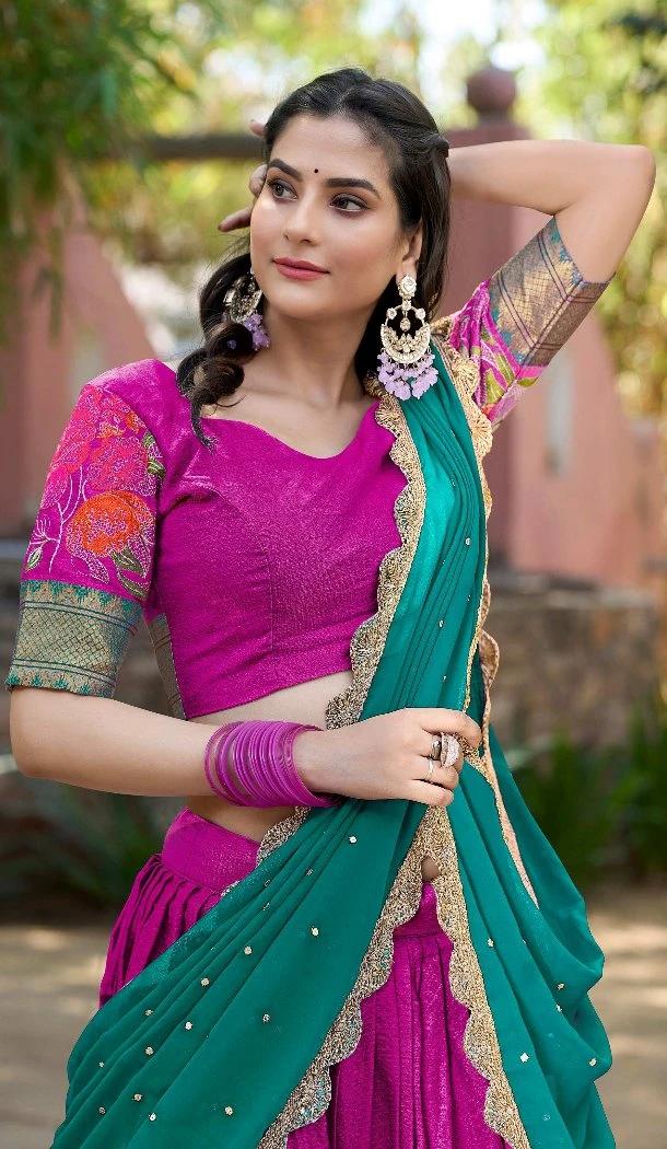 Women Cotton Silk Traditional Wear Lehenga Choli Pink Thread Embroidery Work - 12834209601