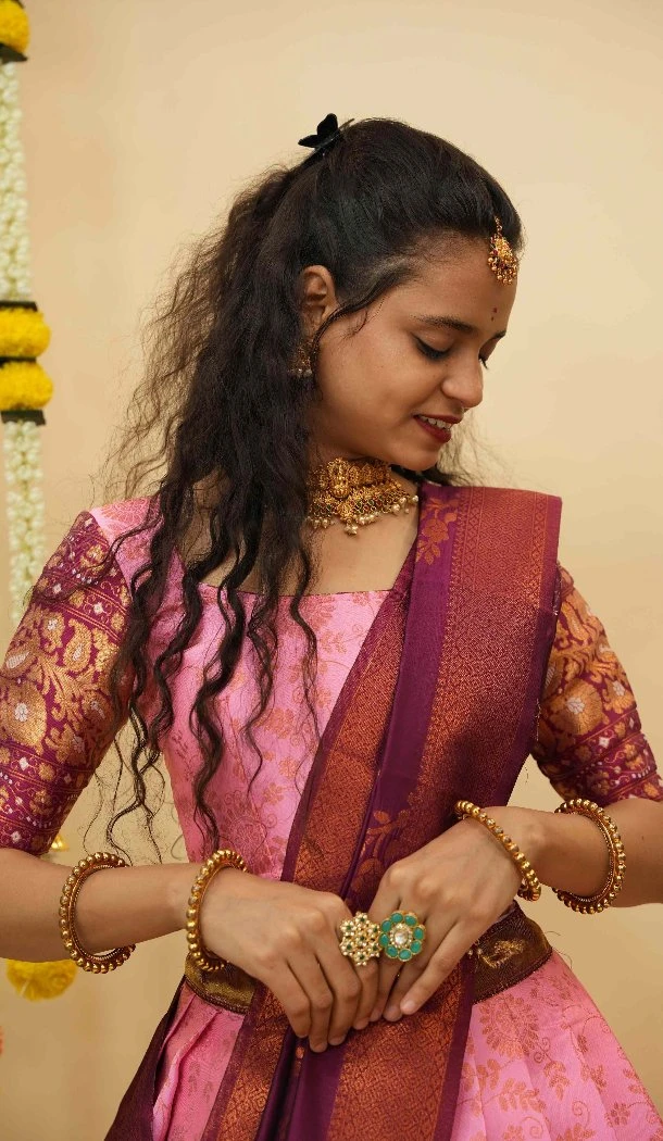 Women Zari Work Litchi Silk Pink Traditional Wear Lehenga Choli - 12921210083