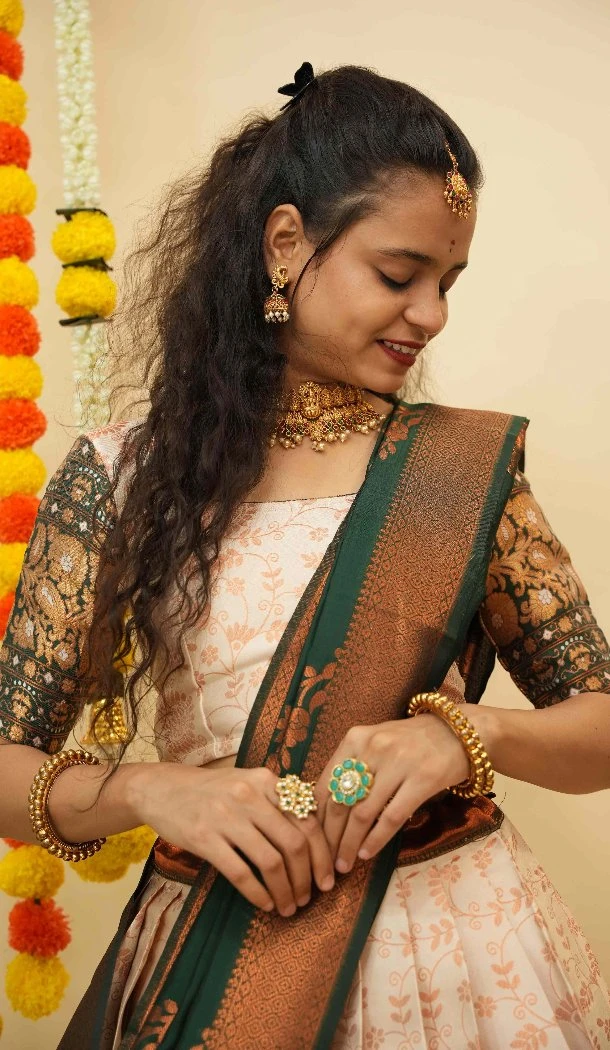 Women Traditional Wear Lehenga Choli Cream Litchi Silk Zari Work - 12921210085