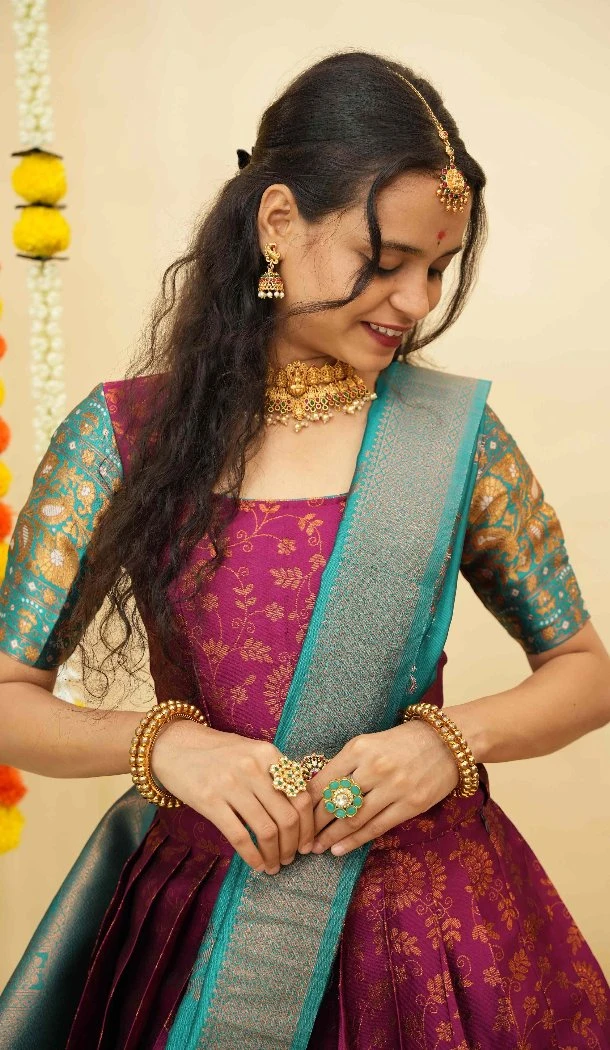 Women Zari Work Litchi Silk Purple Traditional Wear Lehenga Choli - 12921210086