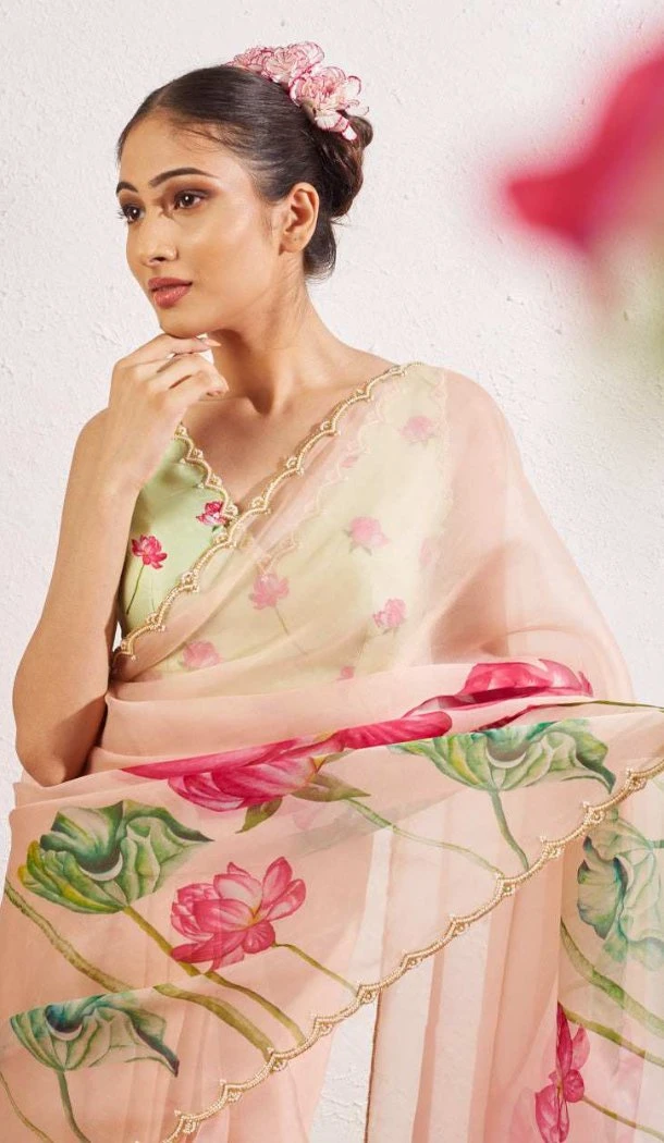 Women Peach Soft Tebi Silk Saree Print - 12919210071