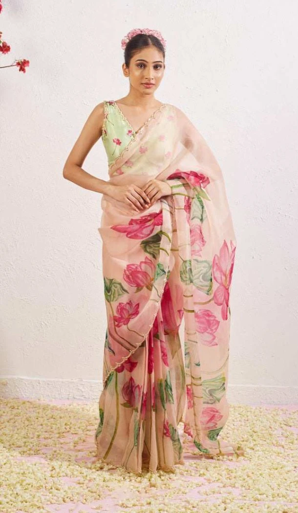 Women Peach Soft Tebi Silk Saree Print - 12919210071