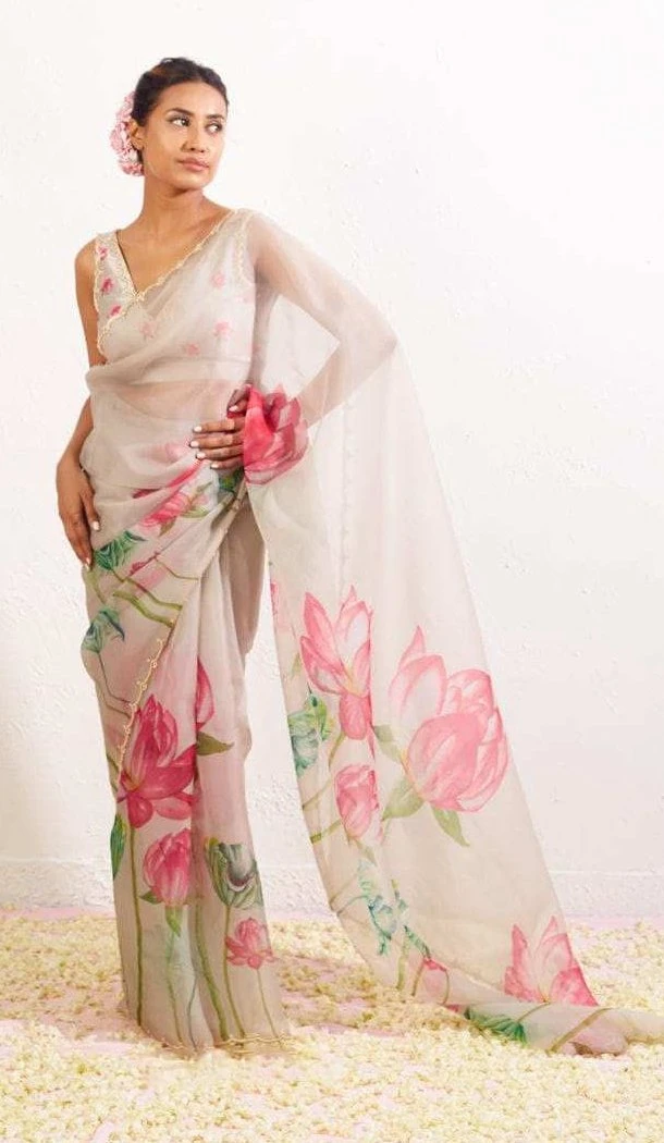 Women Soft Tebi Silk Print Saree Grey - 12919210072