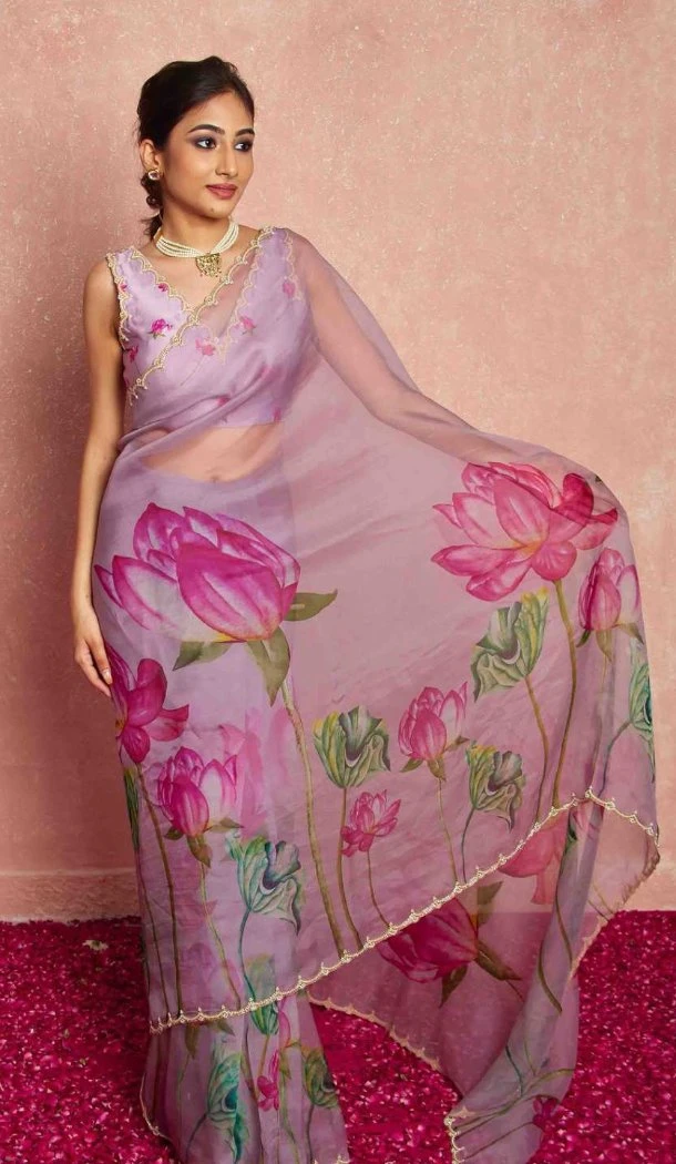 Women Saree Print Lavender Soft Tebi Silk - 12919210073