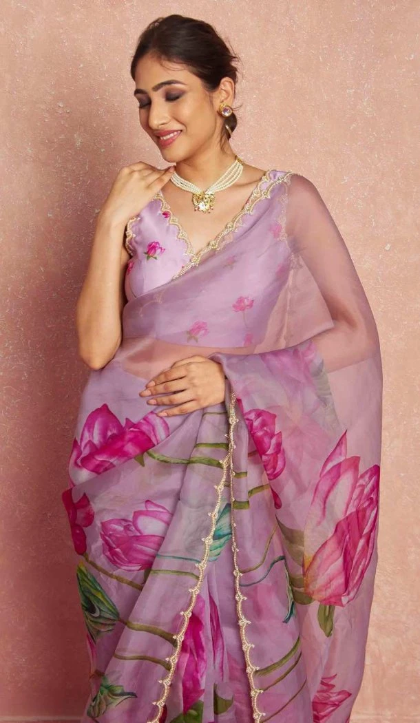 Women Saree Print Lavender Soft Tebi Silk - 12919210073