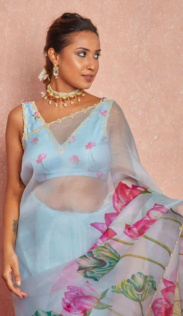 Women Saree Sky Blue Soft Tebi Silk Print - 12919210075