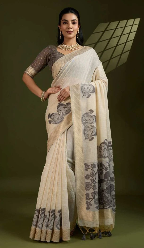 Women Print Brown Cotton Traditional Wear Saree - 12932210140