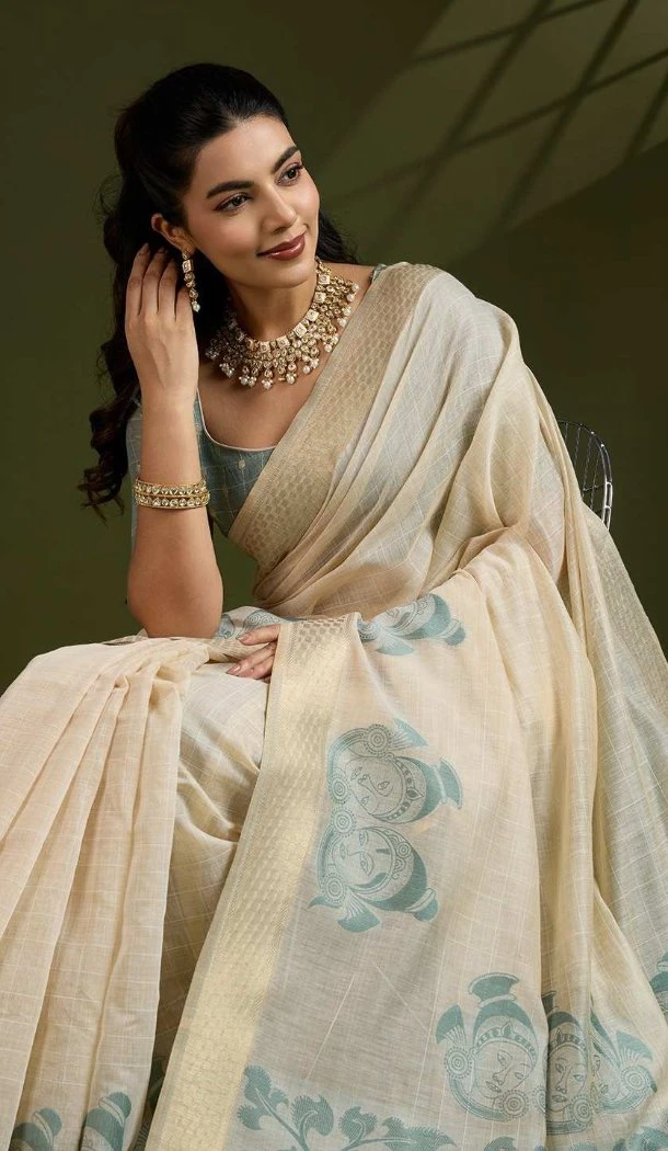 Women Print Cotton Dusty Green Traditional Wear Saree - 12932210141