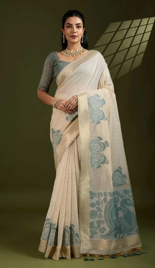 Women Print Cotton Dusty Green Traditional Wear Saree - 12932210141