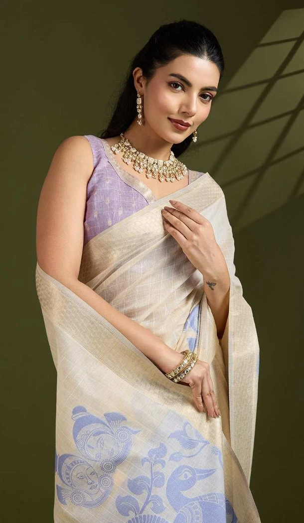 Women Print Traditional Wear Saree Cotton Lavender - 12932210142