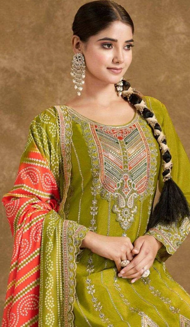 Women Mehendi Green Salwar Suit Heavy Pure Chinon Silk Embroidery - 12940210190