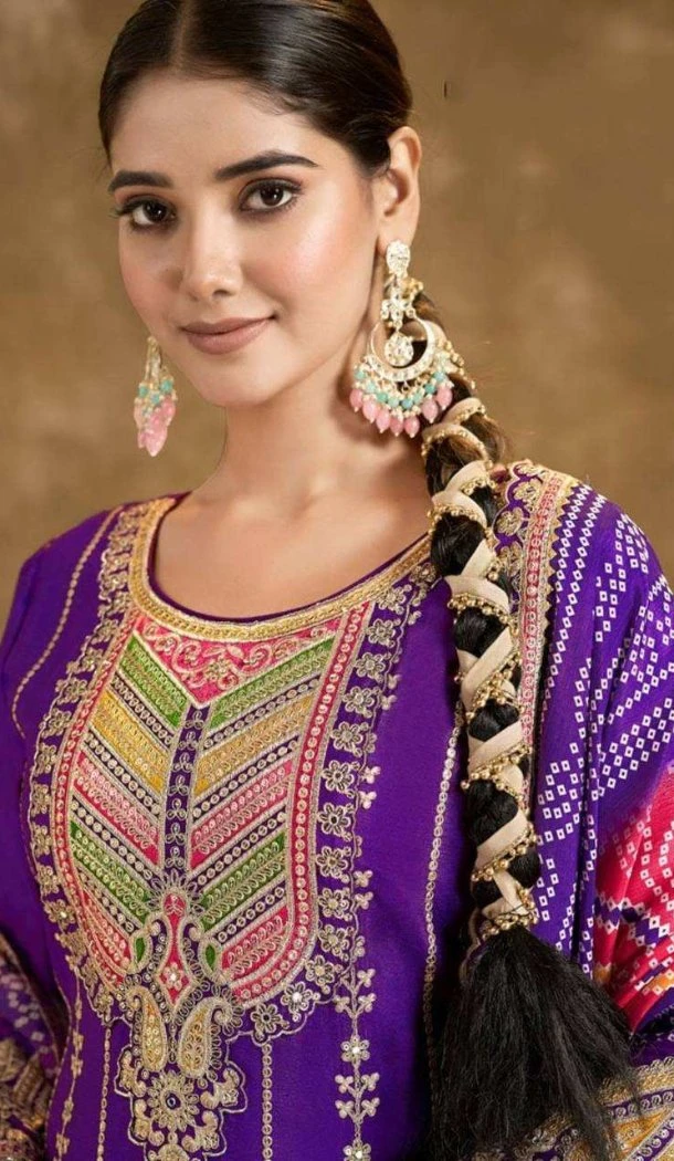 Women Heavy Pure Chinon Silk Salwar Suit Embroidery Purple - 12940210192